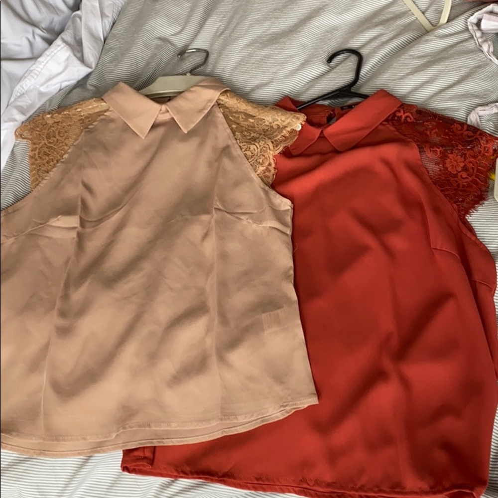 Eyelash Lace Cap Sleeve Collared Blouses. BOGO